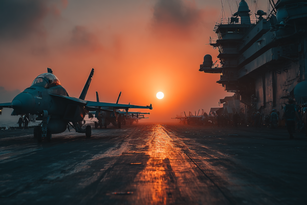 Vliegdekschip met gevechtsvliegtuigen tegen dramatische hemel boven Perzische Golf