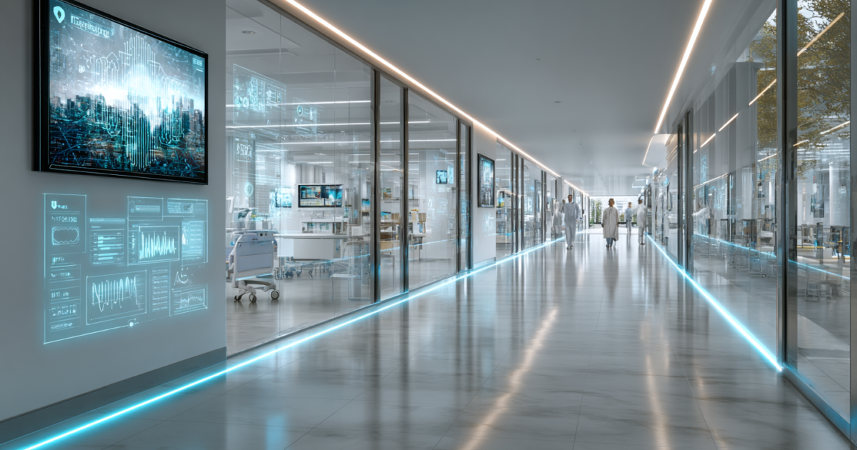 Modern ziekenhuis interieur met digitale technologie en zorgprofessionals die digitale hulpmiddelen gebruiken