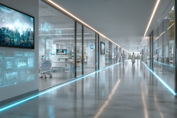 Modern ziekenhuis interieur met digitale technologie en zorgprofessionals die digitale hulpmiddelen gebruiken