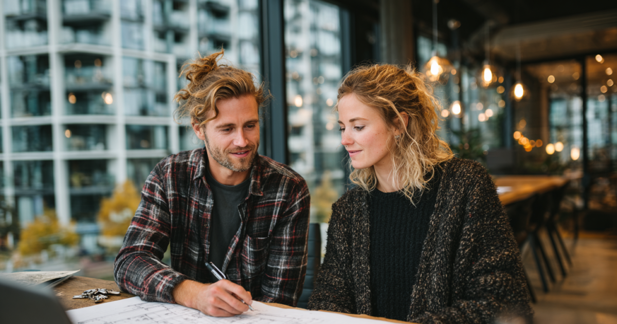 Jong stel bekijkt woningdocumenten bij makelaar, symboliseert de startersvrijstelling overdrachtsbelasting