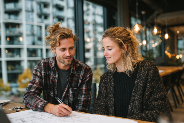 Jong stel bekijkt woningdocumenten bij makelaar, symboliseert de startersvrijstelling overdrachtsbelasting