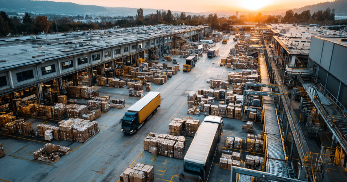 Luchtfoto van een druk distributiecentrum met bezorgwagens en pakketsortering