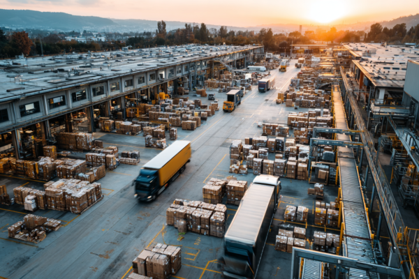 Luchtfoto van een druk distributiecentrum met bezorgwagens en pakketsortering