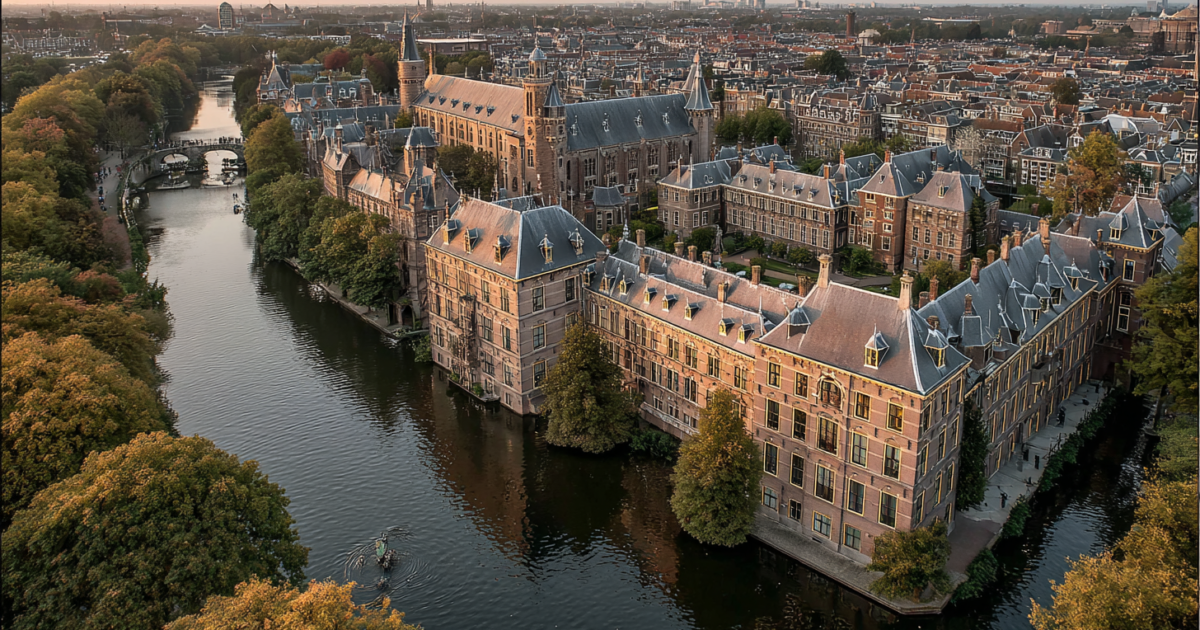 Luchtfoto van het Binnenhof tijdens de gouden uur, symbool voor Nederlandse politieke besluitvorming