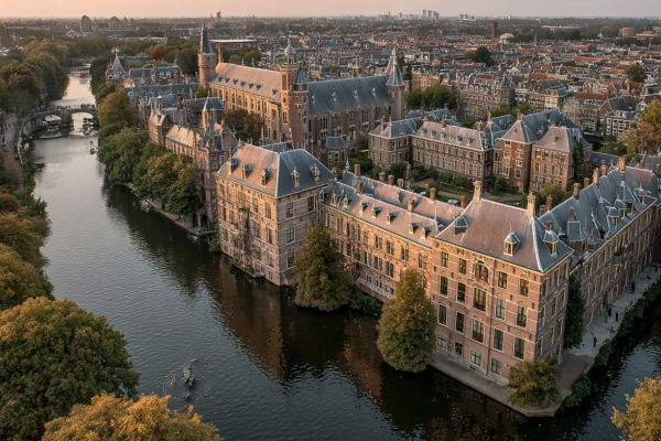 Luchtfoto van het Binnenhof tijdens de gouden uur, symbool voor Nederlandse politieke besluitvorming
