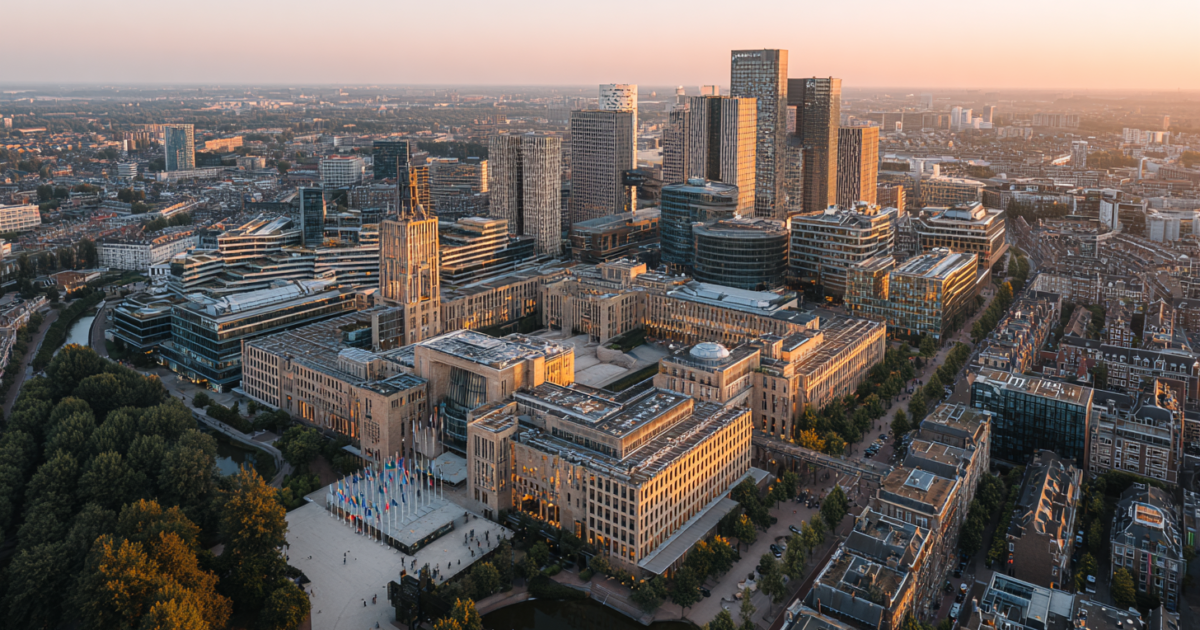 Luchtfoto van het Haagse regeringsdistrict met Europese vlaggen, symbolisch voor Nederlandse begrotingsuitdagingen binnen Europese kaders