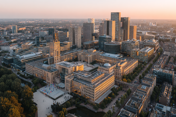 Luchtfoto van het Haagse regeringsdistrict met Europese vlaggen, symbolisch voor Nederlandse begrotingsuitdagingen binnen Europese kaders