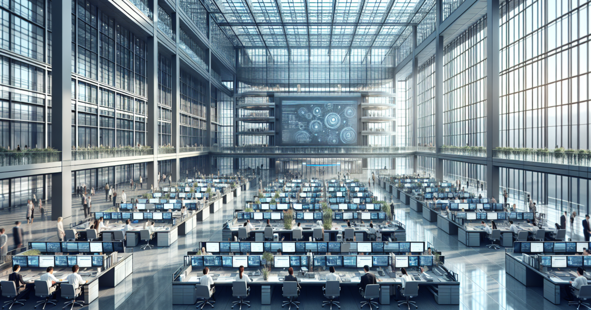 Moderne overheidsgebouw met medewerkers die werken aan digitale systemen