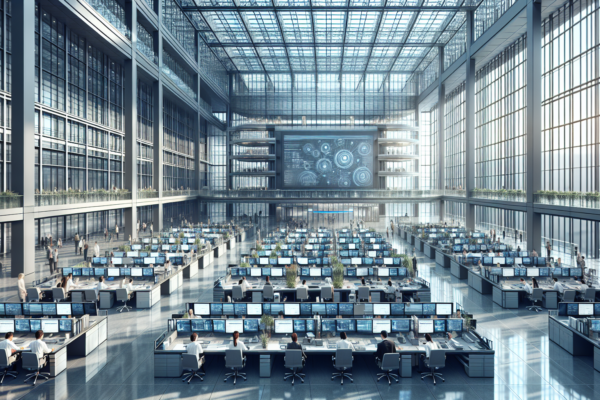 Moderne overheidsgebouw met medewerkers die werken aan digitale systemen