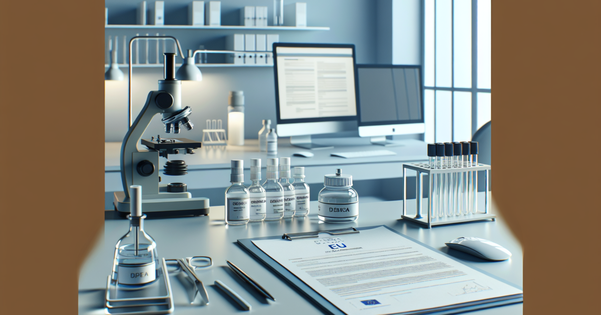 Professionele laboratoriumomgeving met wasmiddelen en wetenschappelijke apparatuur voor EU compliance testing