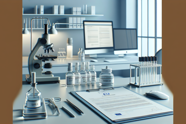 Professionele laboratoriumomgeving met wasmiddelen en wetenschappelijke apparatuur voor EU compliance testing