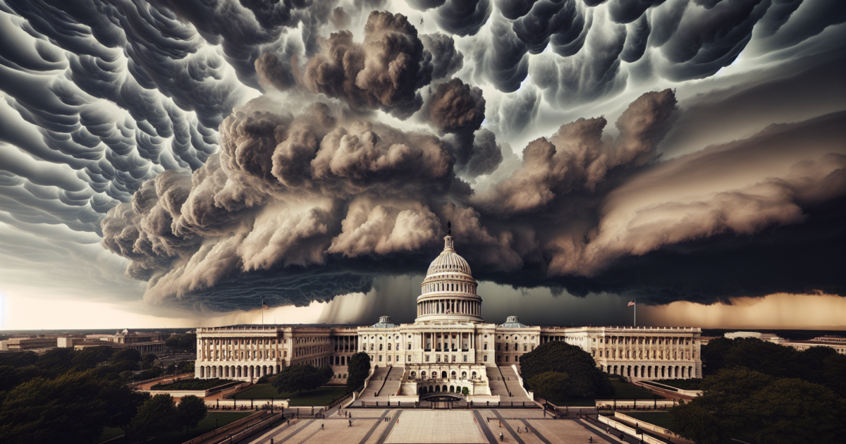 Het Amerikaanse Capitool onder donkere wolken, symboliserend de politieke spanning rond Trump's ultimatum