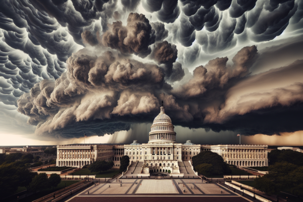 Het Amerikaanse Capitool onder donkere wolken, symboliserend de politieke spanning rond Trump's ultimatum