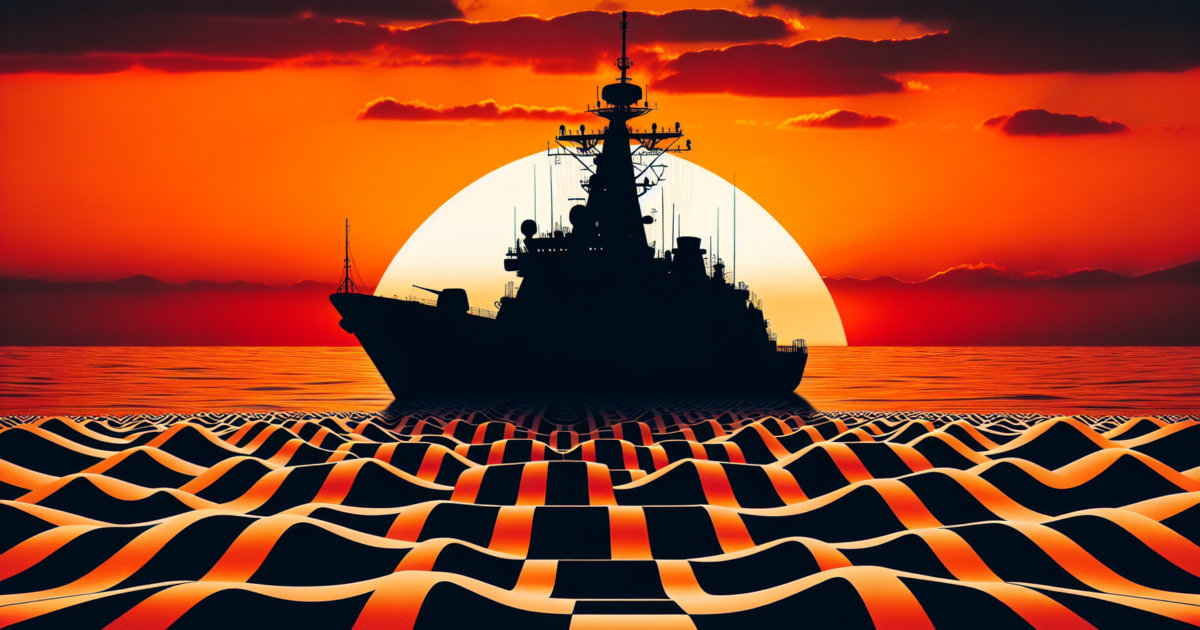 Conceptueel beeld van een marineschip tegen dramatische hemel, symboliserend Nederlandse militaire inzet