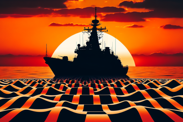 Conceptueel beeld van een marineschip tegen dramatische hemel, symboliserend Nederlandse militaire inzet