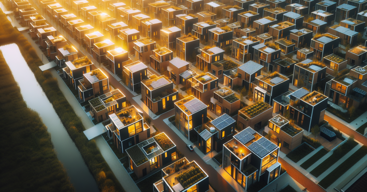 Luchtfoto van moderne Nederlandse woonwijk met zonnepanelen en energiezuinige woningen