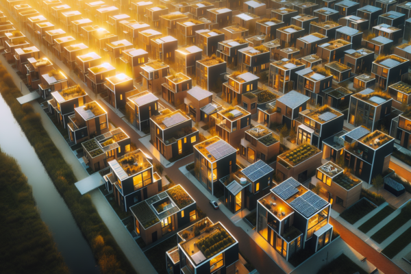 Luchtfoto van moderne Nederlandse woonwijk met zonnepanelen en energiezuinige woningen