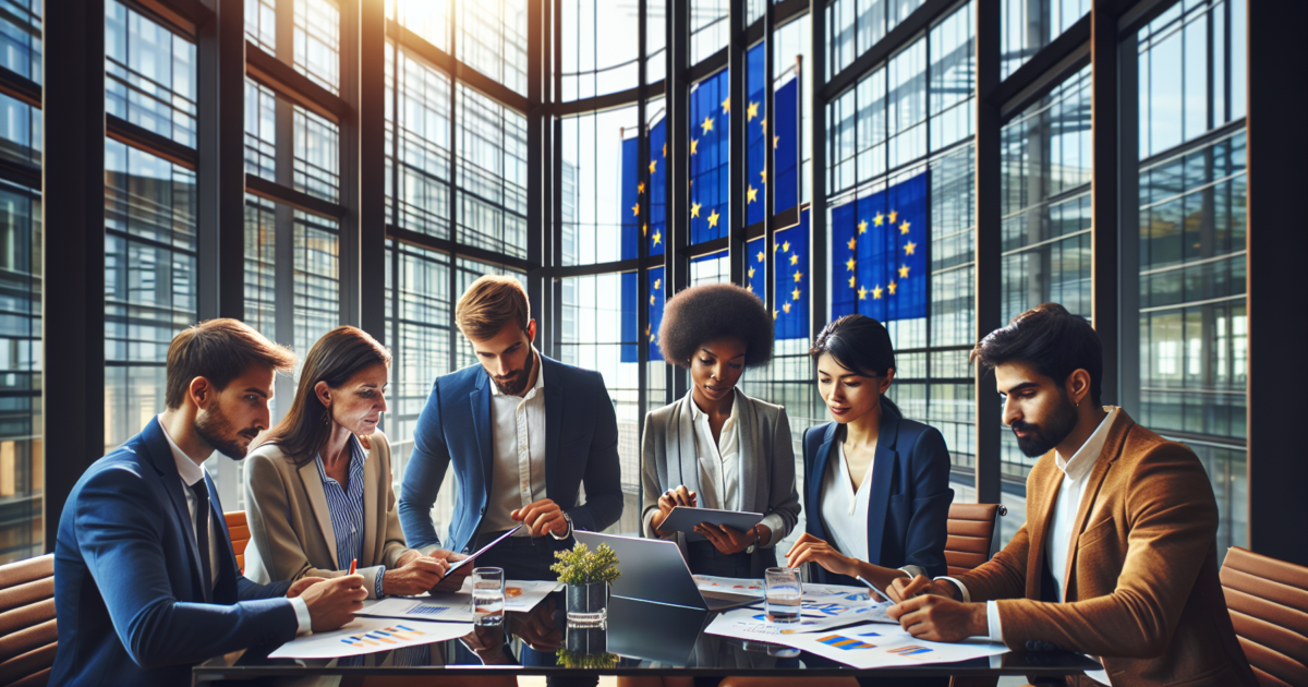 Europese ondernemers werken samen aan scale-up plannen in modern kantoorgebouw