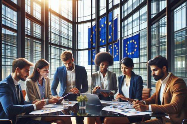 Europese ondernemers werken samen aan scale-up plannen in modern kantoorgebouw