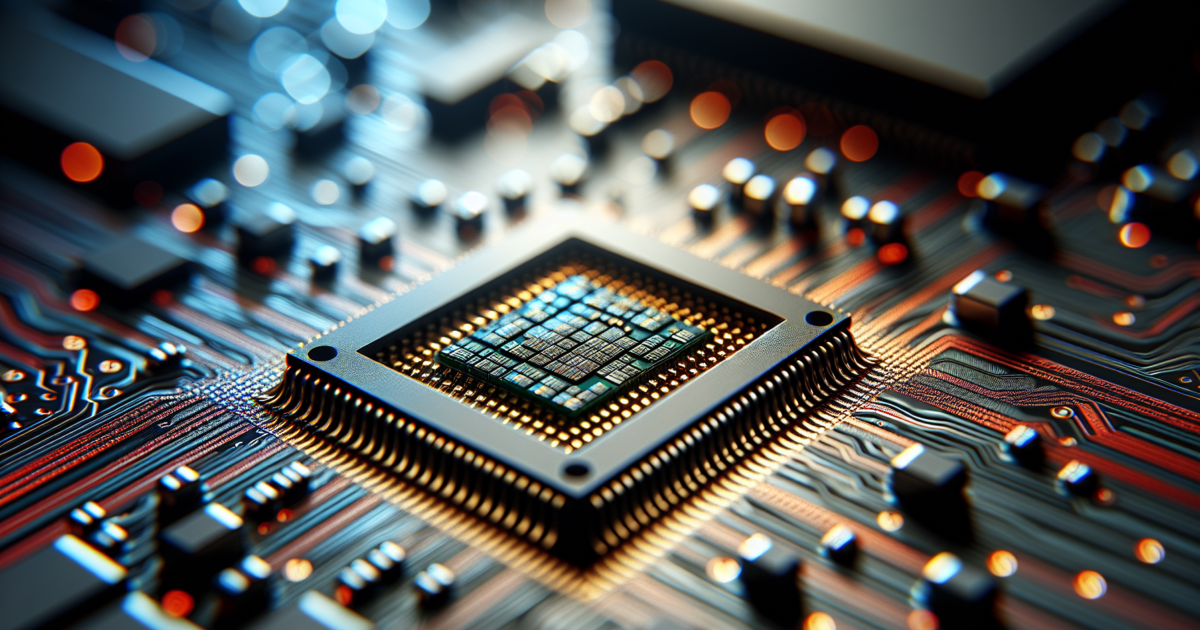 Close-up van geavanceerde AI-chip die de technologische competitie tussen supermachten symboliseert