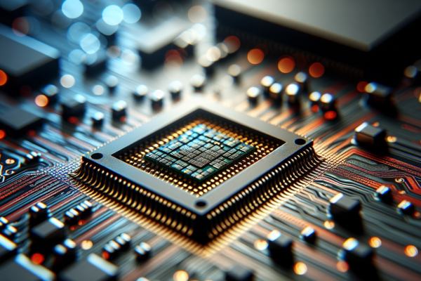 Close-up van geavanceerde AI-chip die de technologische competitie tussen supermachten symboliseert