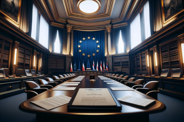 EU-vlaggen in formele regeringsomgeving, symbolisch voor internationale sanctiemaatregelen