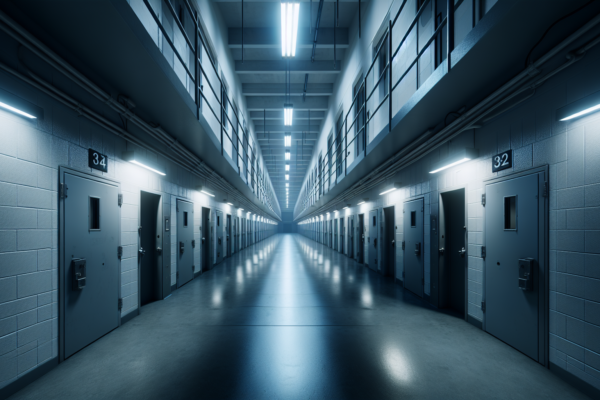 Lege gang in een detentiefaciliteit die de institutionele aard van immigratiehandhaving symboliseert