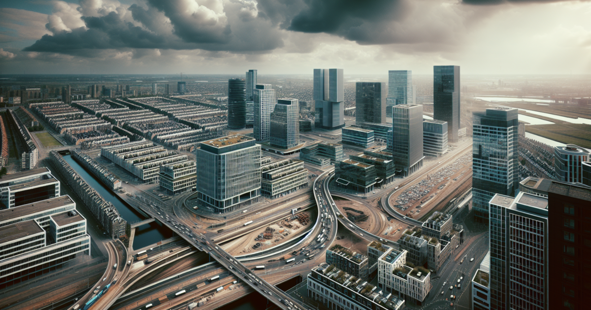 Luchtfoto van Nederlandse stedelijke economische activiteit met moderne kantoorgebouwen