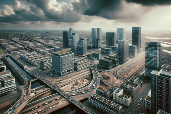 Luchtfoto van Nederlandse stedelijke economische activiteit met moderne kantoorgebouwen