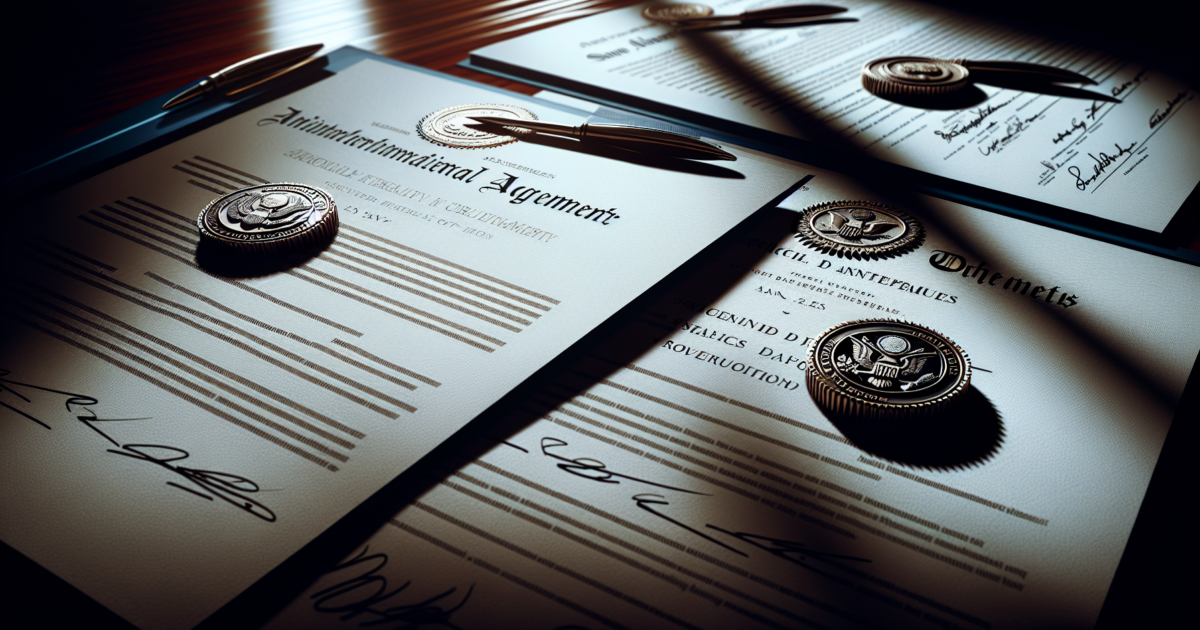Close-up van officiële verdragsdocumenten met zegels en handtekeningen, symbolisch voor nucleaire diplomatie