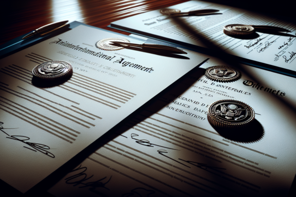 Close-up van officiële verdragsdocumenten met zegels en handtekeningen, symbolisch voor nucleaire diplomatie