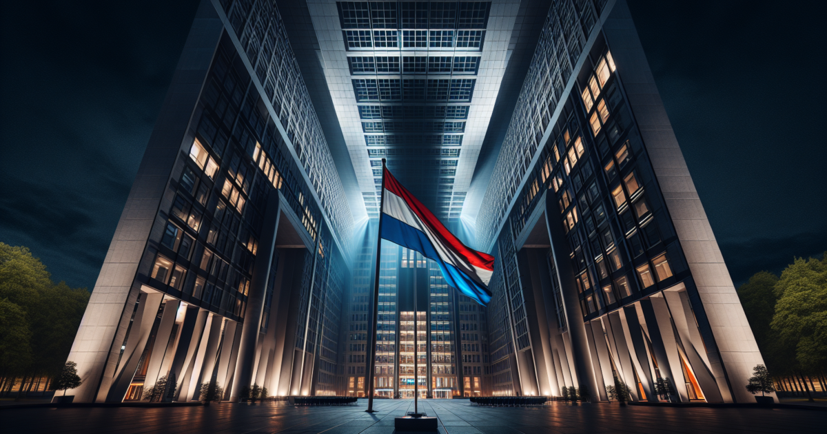 Regeringsgebouw met Nederlandse vlag, symboliseert het nieuwe kabinet-Jetten