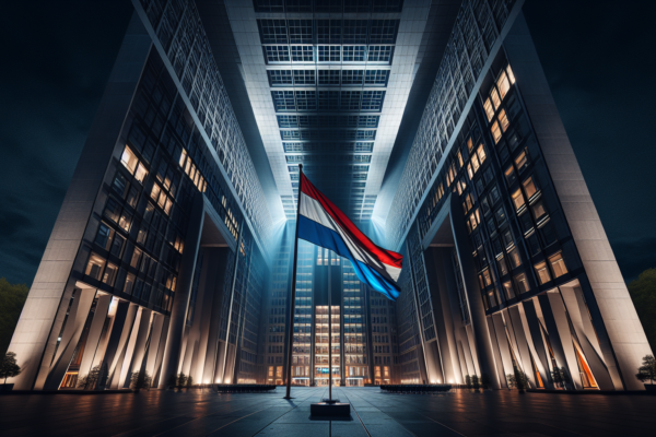 Regeringsgebouw met Nederlandse vlag, symboliseert het nieuwe kabinet-Jetten