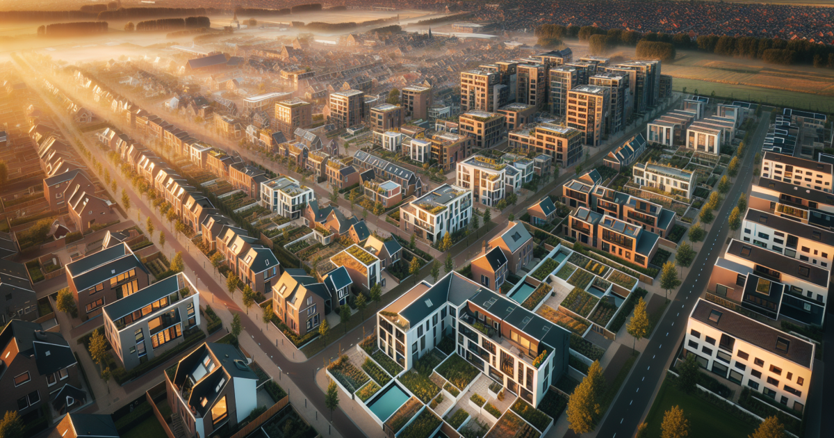 Luchtfoto van een moderne Nederlandse woonwijk die de connectiviteit tussen kleinere steden en grote centra toont