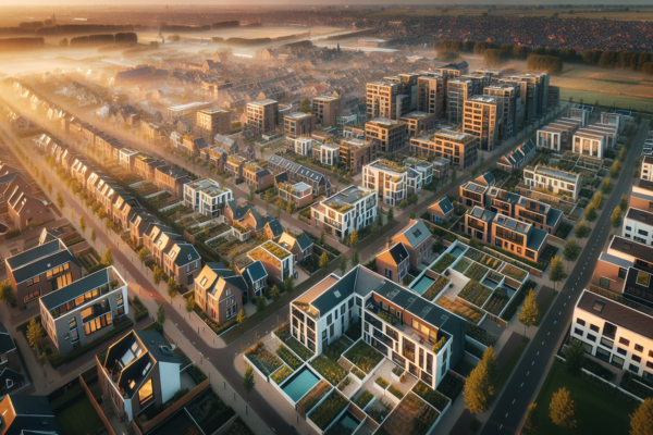 Luchtfoto van een moderne Nederlandse woonwijk die de connectiviteit tussen kleinere steden en grote centra toont