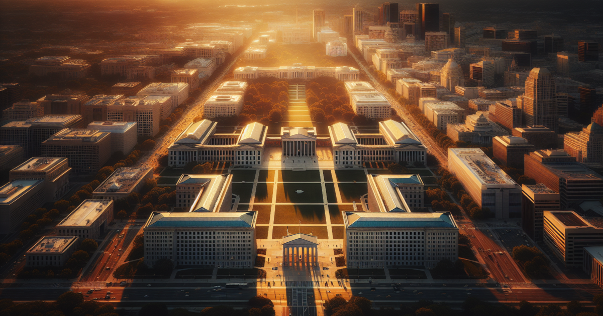 Luchtfoto van Washington DC met het Capitool en Witte Huis tijdens zonsondergang