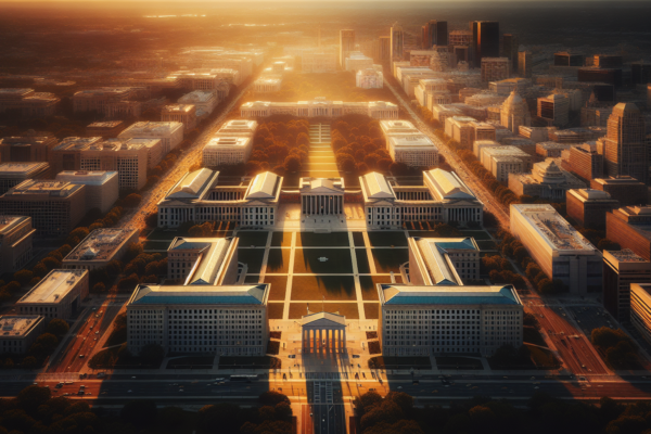 Luchtfoto van Washington DC met het Capitool en Witte Huis tijdens zonsondergang