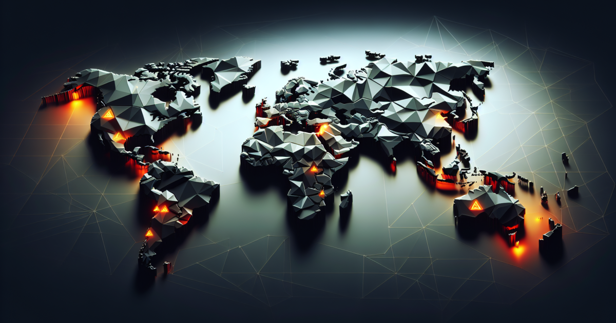 Abstracte wereldkaart met gefragmenteerde zones die conflictgebieden symboliseren