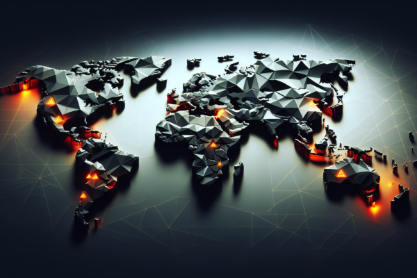 Abstracte wereldkaart met gefragmenteerde zones die conflictgebieden symboliseren