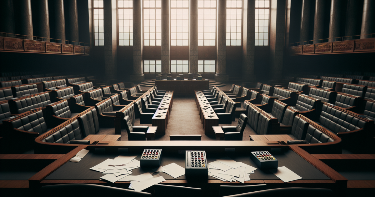 Lege parlementaire vergaderzaal met verspreide documenten en stemsysteem, symboliserend politieke transitie