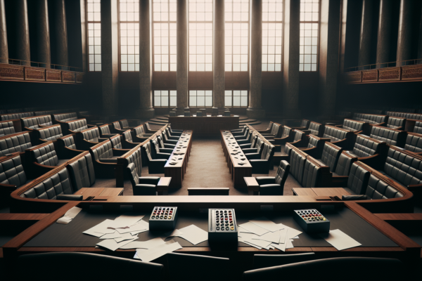 Lege parlementaire vergaderzaal met verspreide documenten en stemsysteem, symboliserend politieke transitie