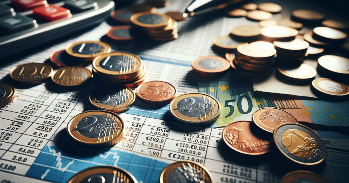 Close-up van Europese munten en bankbiljetten op begrotingsdocumenten