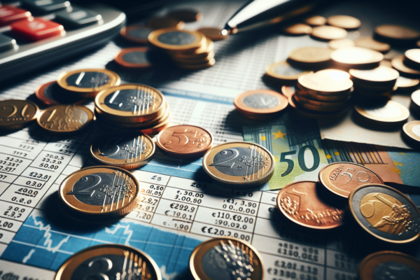 Close-up van Europese munten en bankbiljetten op begrotingsdocumenten