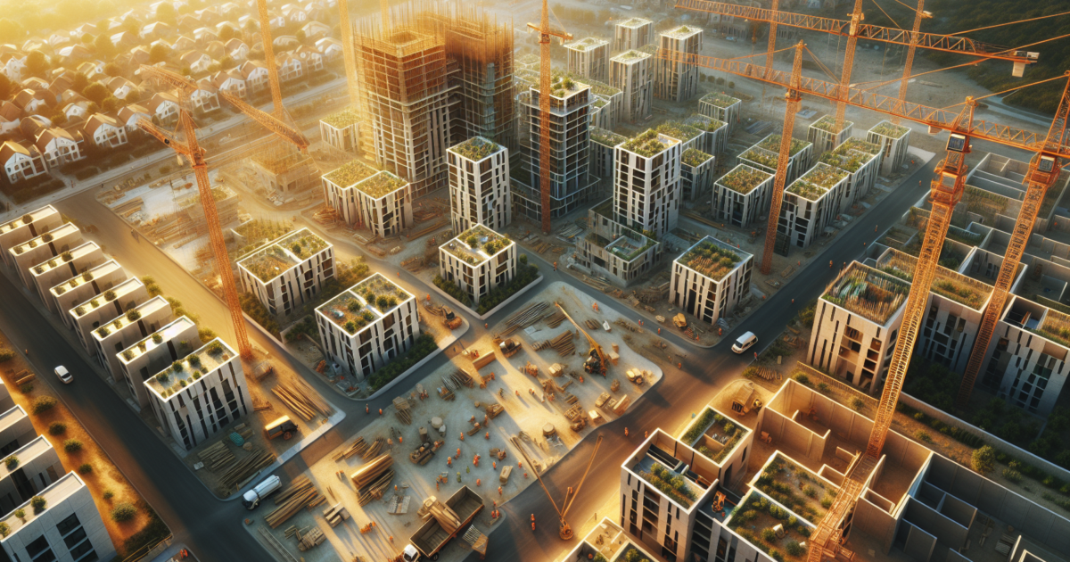 Luchtfoto van een moderne woningbouwlocatie met hijskranen en nieuwbouwwoningen in aanbouw