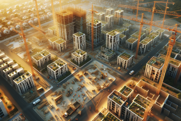 Luchtfoto van een moderne woningbouwlocatie met hijskranen en nieuwbouwwoningen in aanbouw