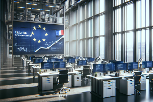 Professionele werkomgeving met digitale compliance documenten op schermen