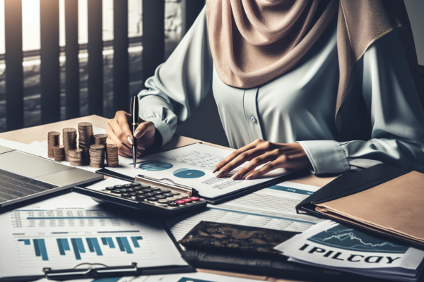 Professionele werkomgeving met begrotingsdocumenten en financiële analyses