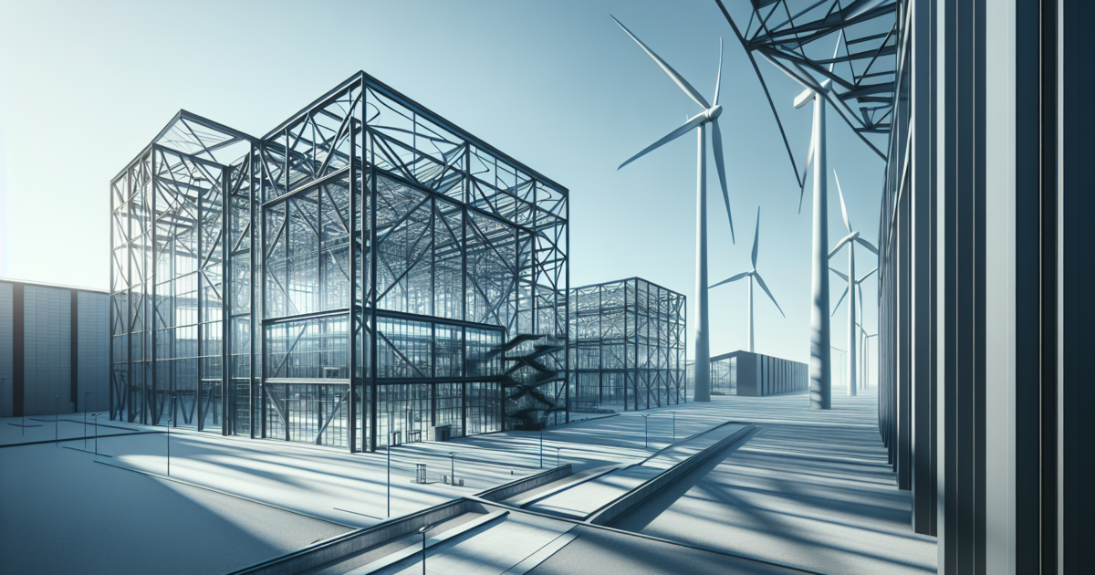 Moderne Europese industriële faciliteit met geometrische structuren die vooruitgang en innovatie symboliseren