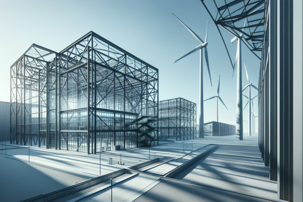 Moderne Europese industriële faciliteit met geometrische structuren die vooruitgang en innovatie symboliseren