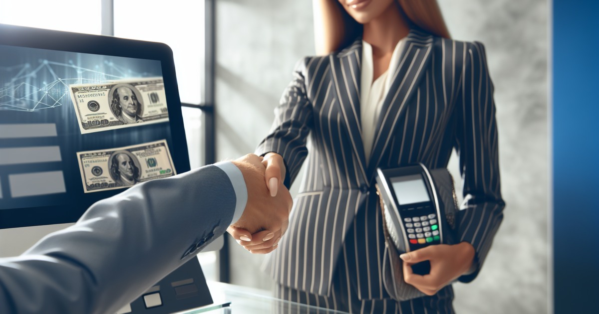 Zakelijke handdruk met contant geld en digitale betaalterminal op de achtergrond